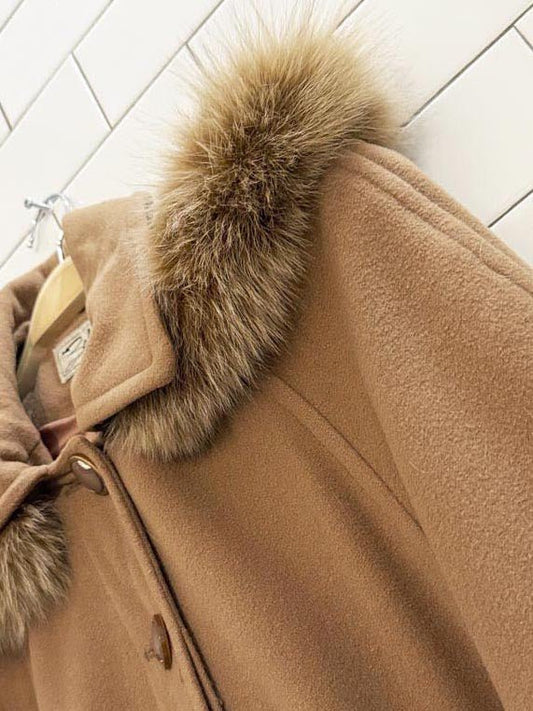 vintage zacks wool fox fur hood long box pleat coat - good market thrift store