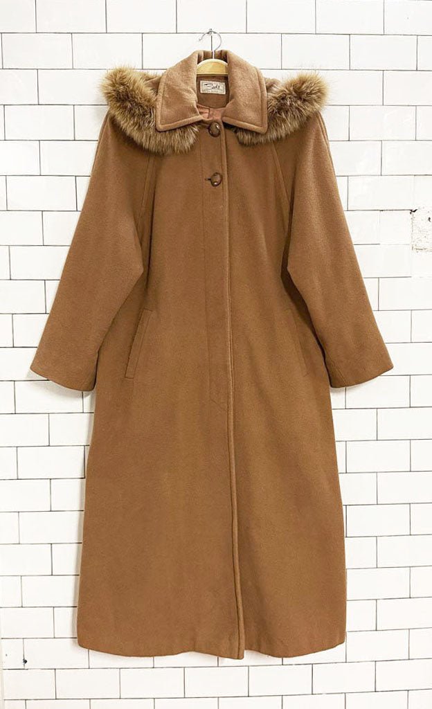 vintage zacks wool fox fur hood long box pleat coat - good market thrift store