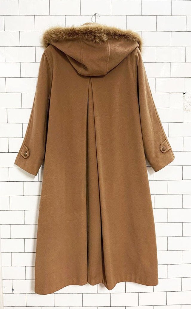 vintage zacks wool fox fur hood long box pleat coat - good market thrift store