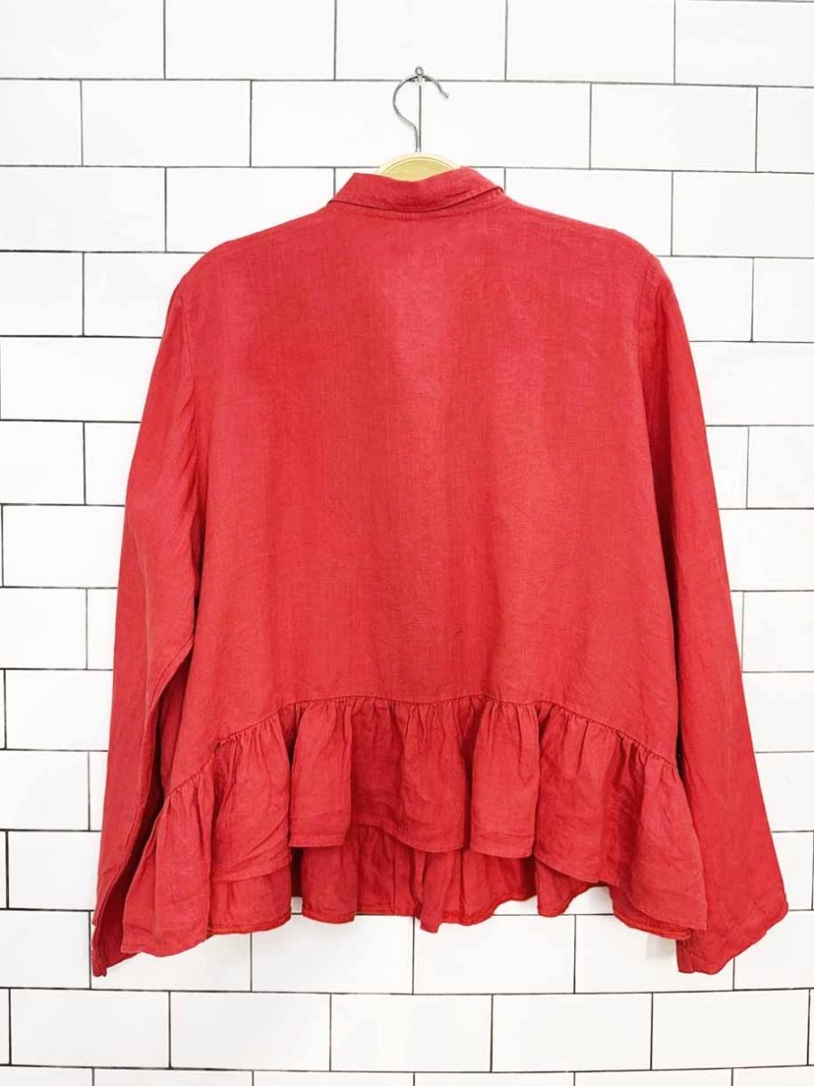 visible 100% linen peplum hem full button shirt | made in EU - good market thrift store