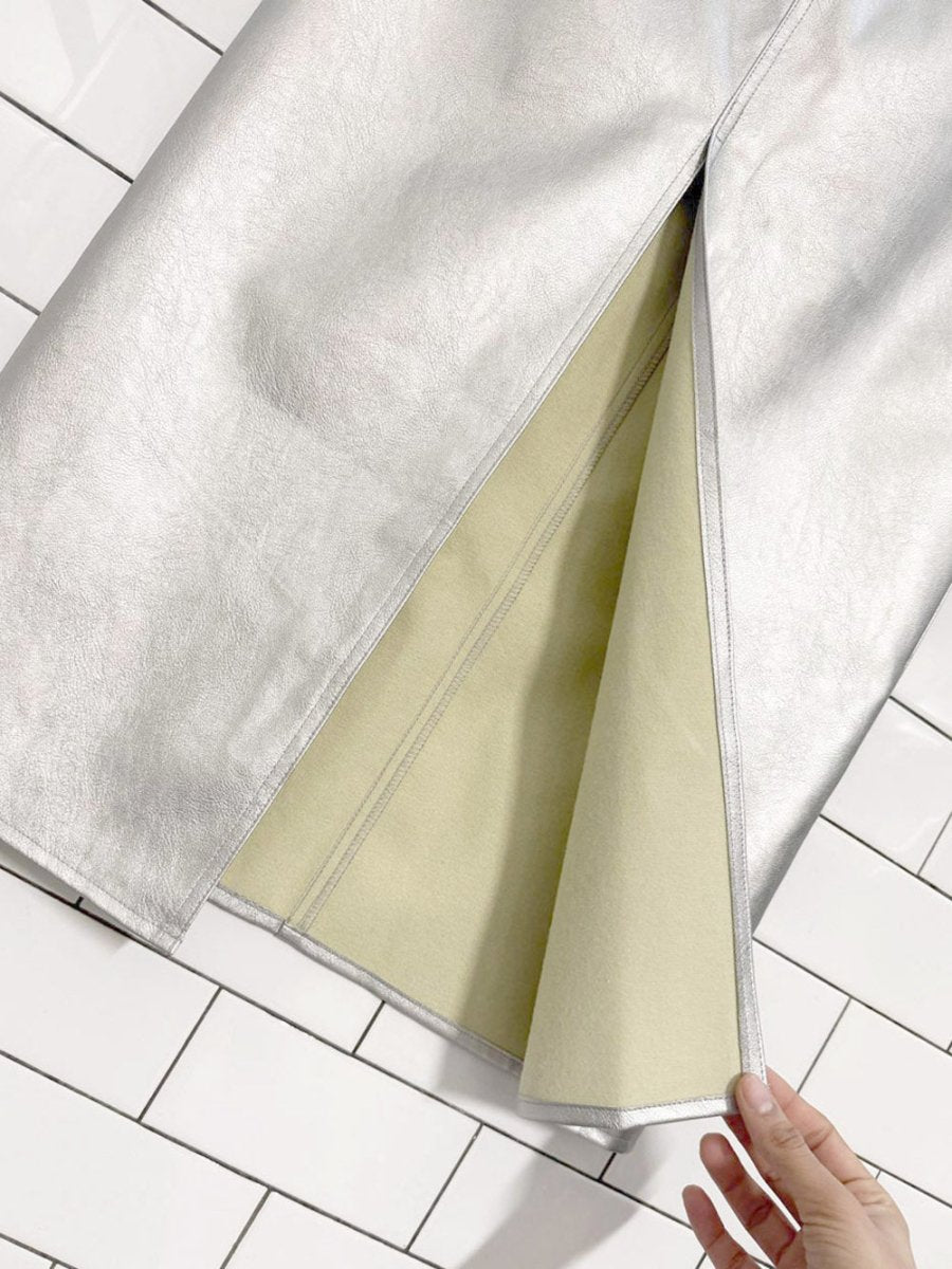 WAYF metallic vegan leather front slit midi skirt | anthropologie - good market thrift store