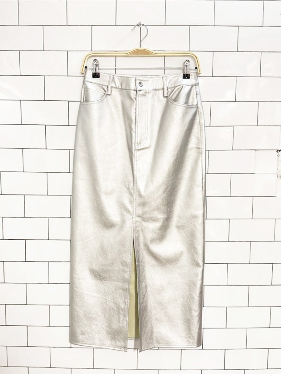 WAYF metallic vegan leather front slit midi skirt | anthropologie - good market thrift store