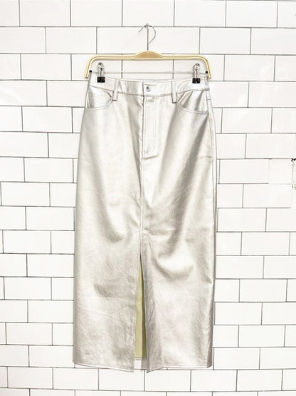 WAYF metallic vegan leather front slit midi skirt | anthropologie - good market thrift store