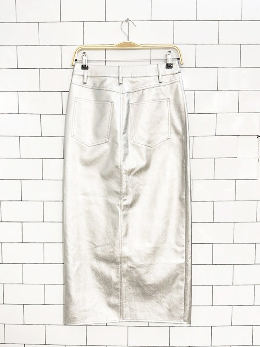 WAYF metallic vegan leather front slit midi skirt | anthropologie - good market thrift store