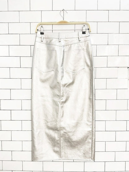 WAYF metallic vegan leather front slit midi skirt | anthropologie - good market thrift store