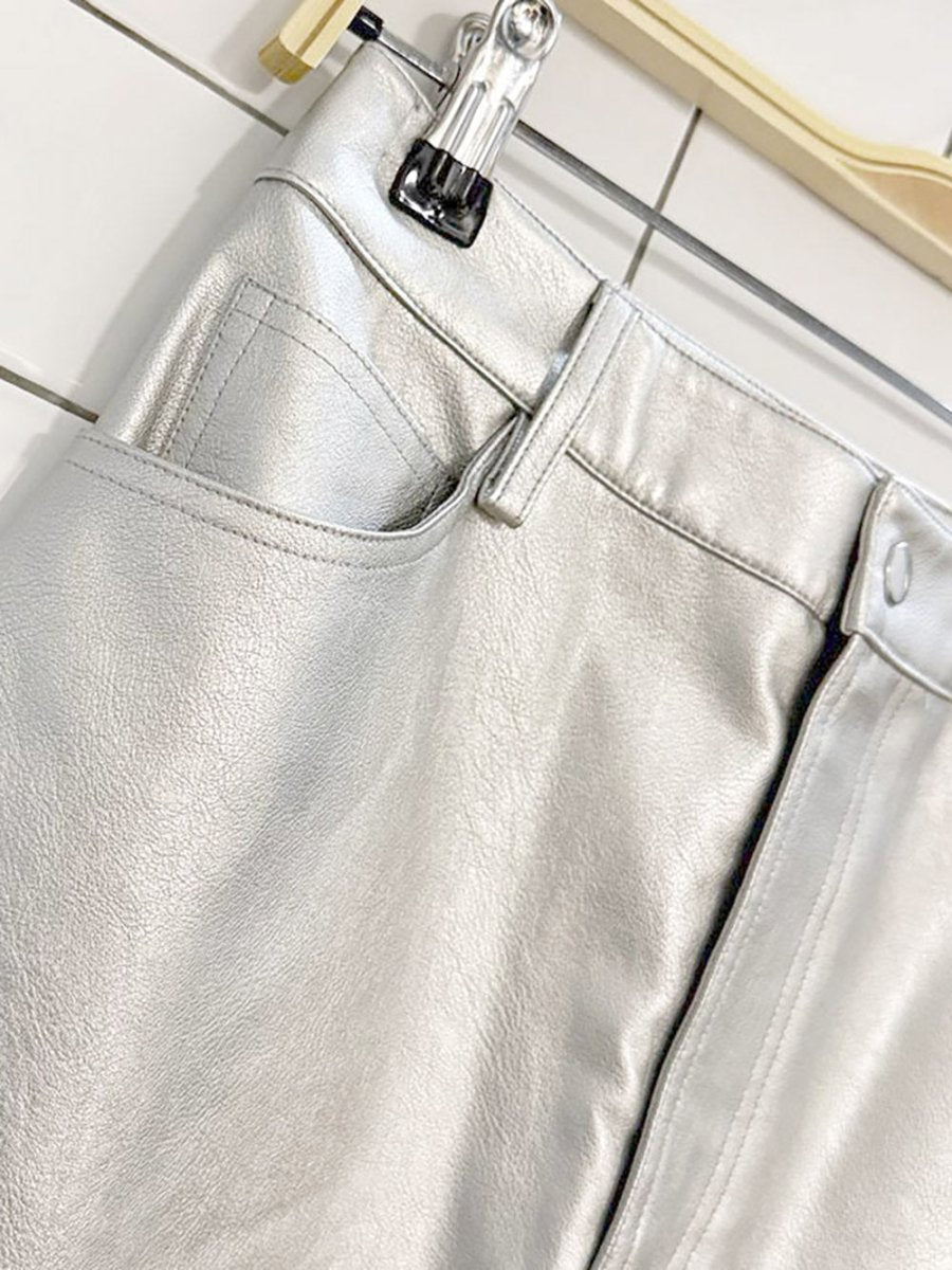 WAYF metallic vegan leather front slit midi skirt | anthropologie - good market thrift store