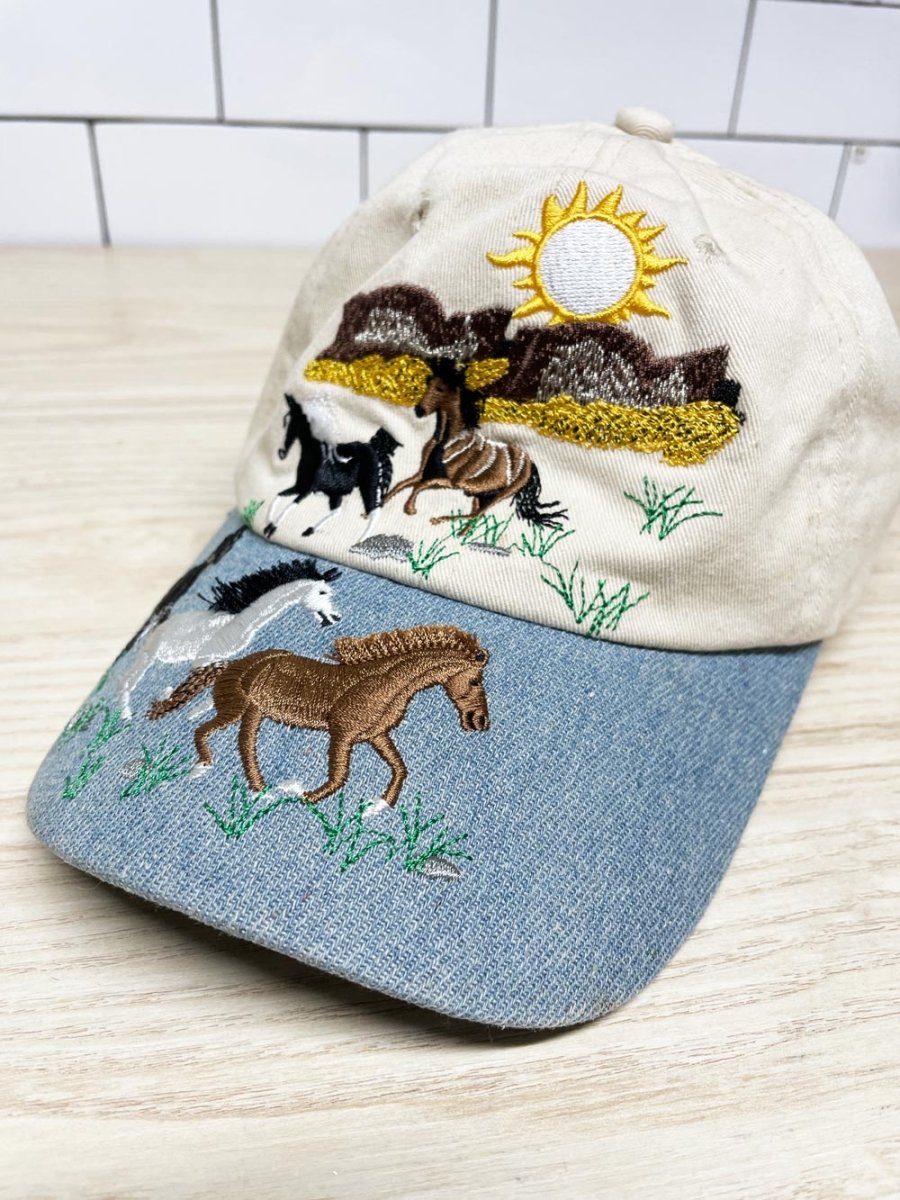 western embroidered horses denim brim hat - good market thrift store