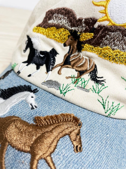 western embroidered horses denim brim hat - good market thrift store