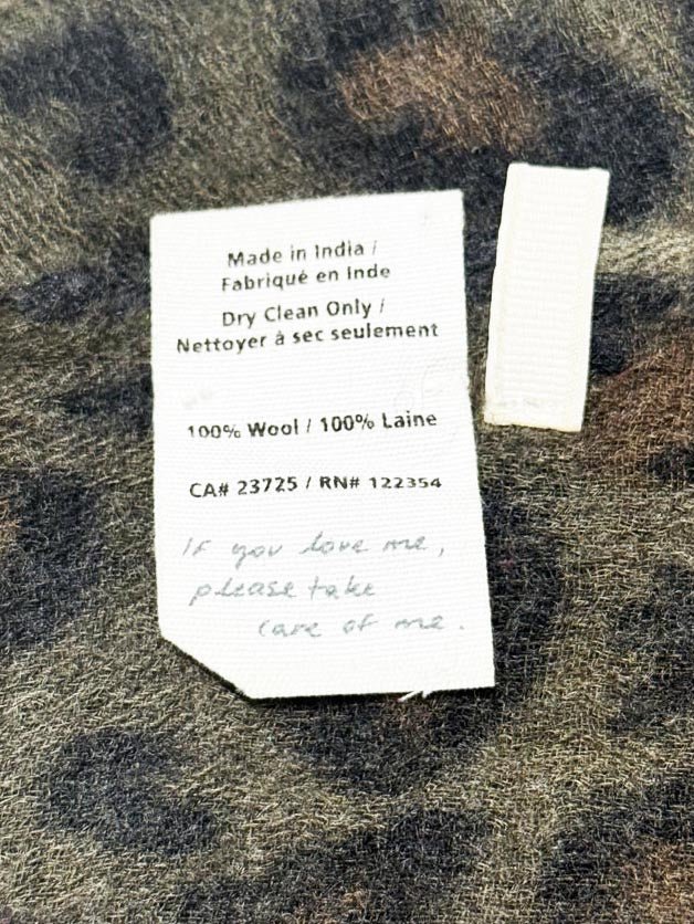 wilfred 100% wool animal print sheer fringe scarf - good market thrift store