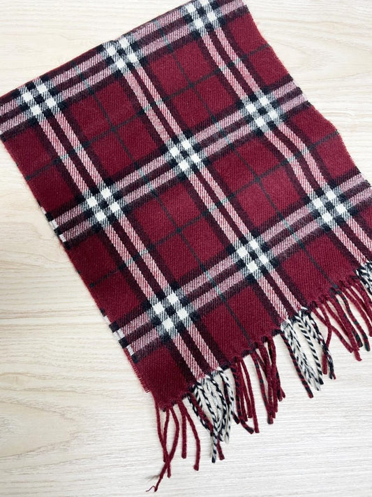 woven burgundy tartan fringe scarf - good market thrift store