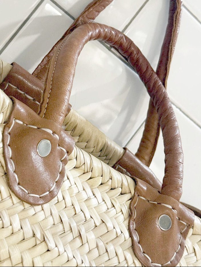 woven leather strap market bag backpack - good market thrift store
