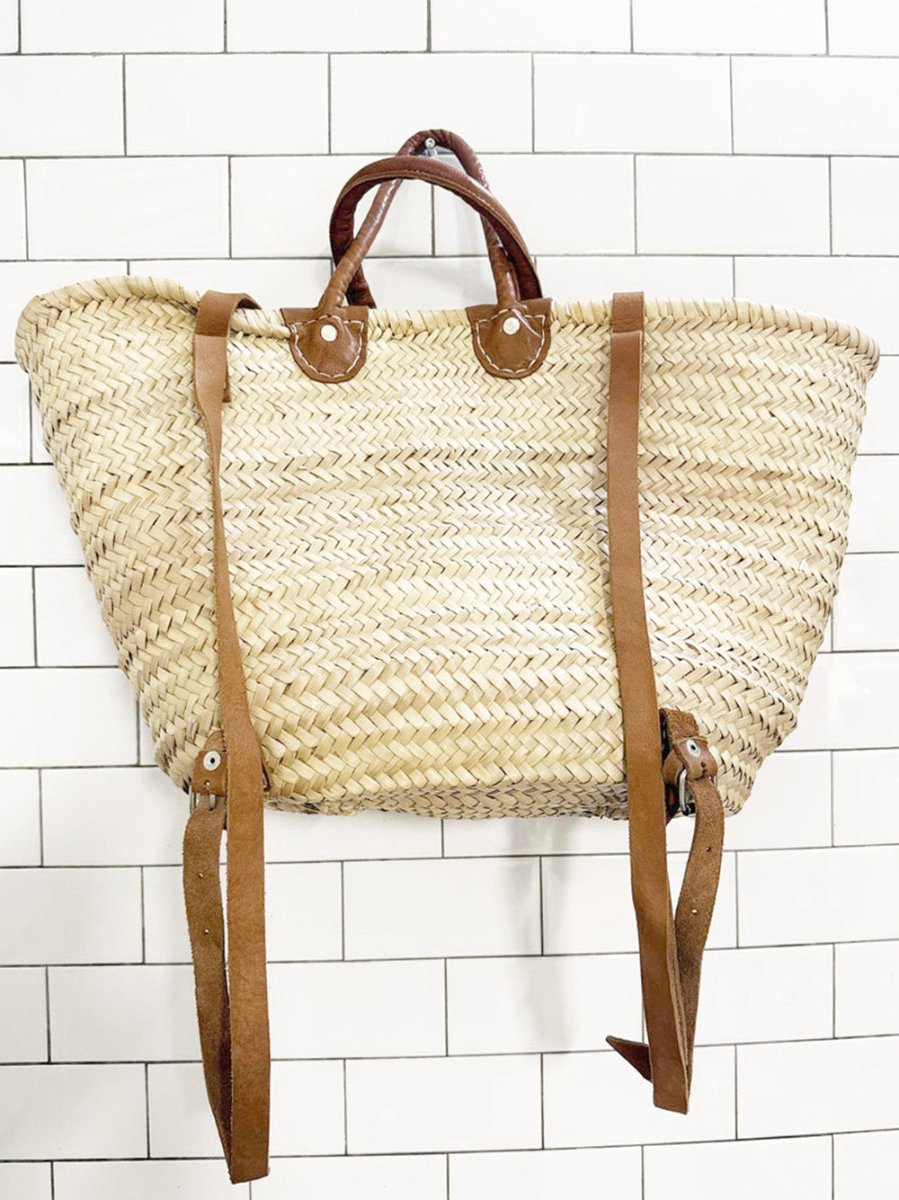 woven leather strap market bag backpack - good market thrift store