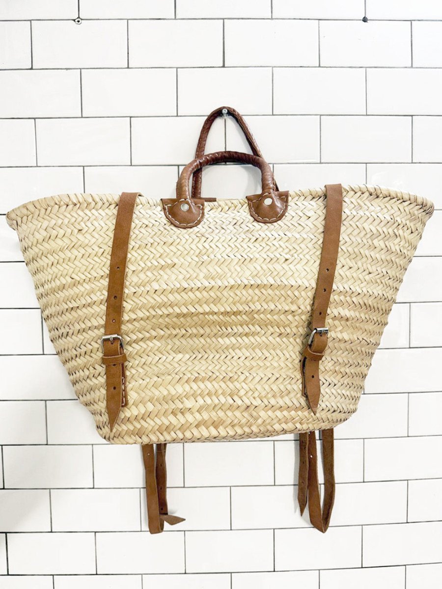 woven leather strap market bag backpack - good market thrift store
