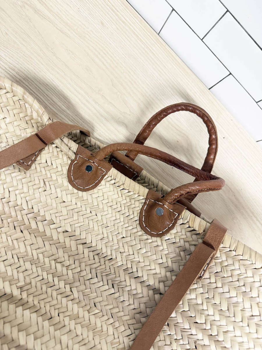 woven leather strap market bag backpack - good market thrift store