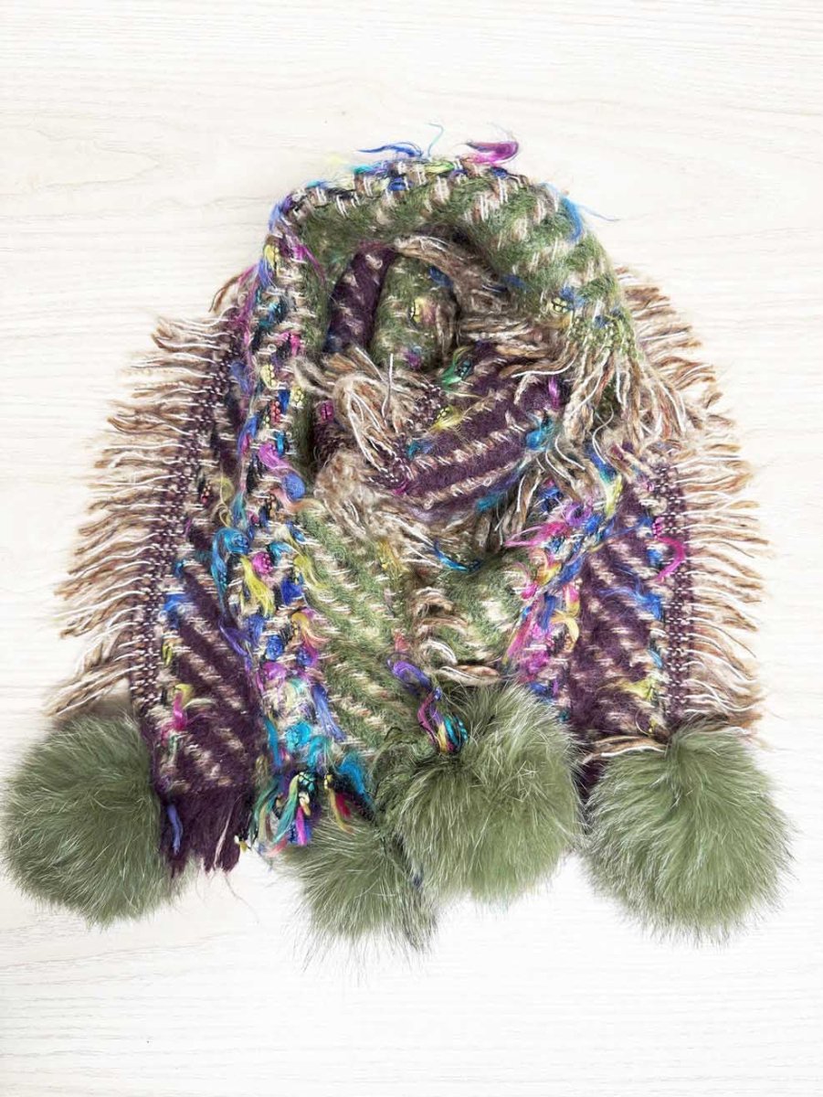 woven wool - mohair fringe fur pom pom scarf - good market thrift store
