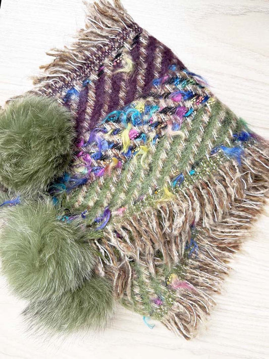woven wool - mohair fringe fur pom pom scarf - good market thrift store