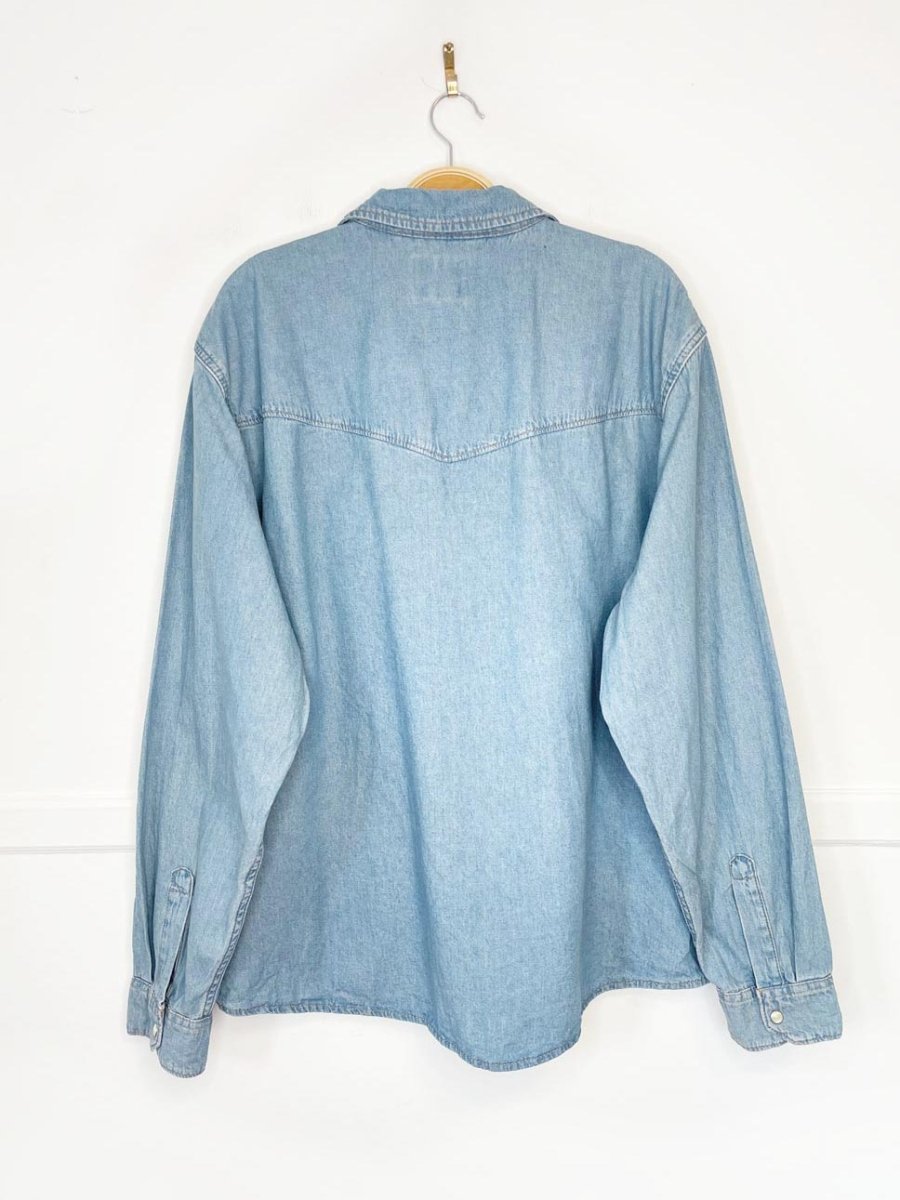 wrangler western stitch pearl snap button denim shirt - good market thrift store