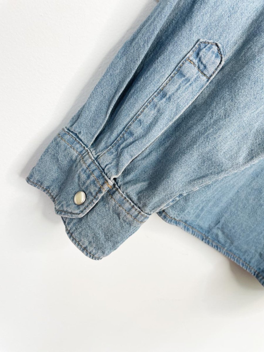 wrangler western stitch pearl snap button denim shirt - good market thrift store