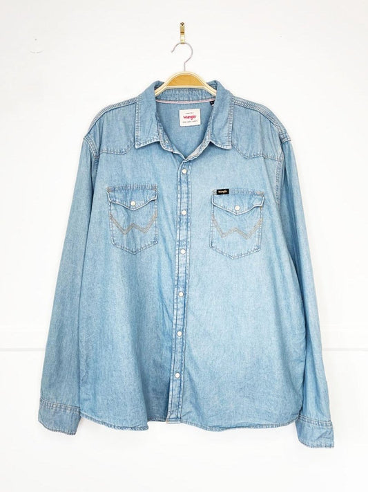 wrangler western stitch pearl snap button denim shirt - good market thrift store