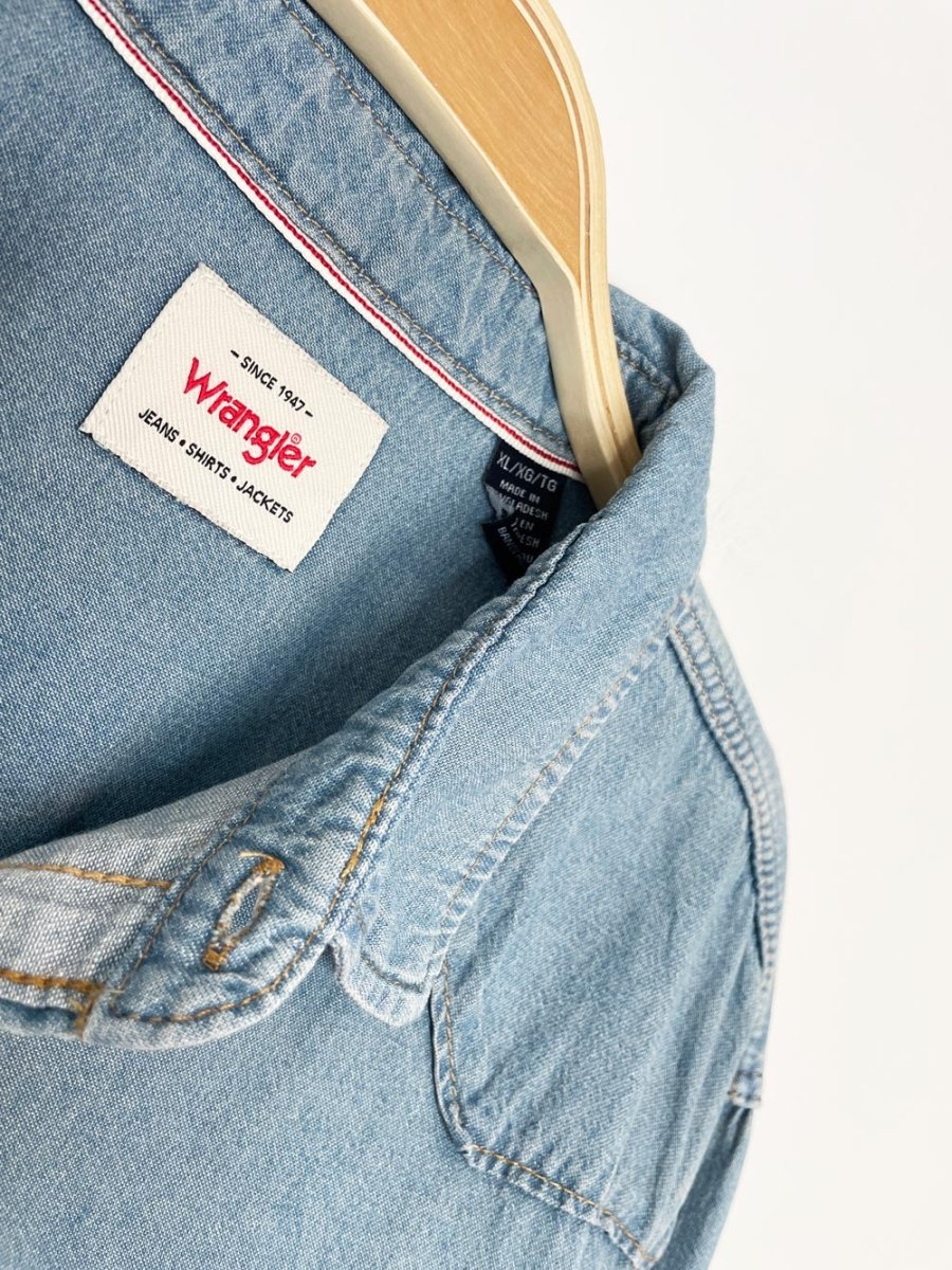 wrangler western stitch pearl snap button denim shirt - good market thrift store