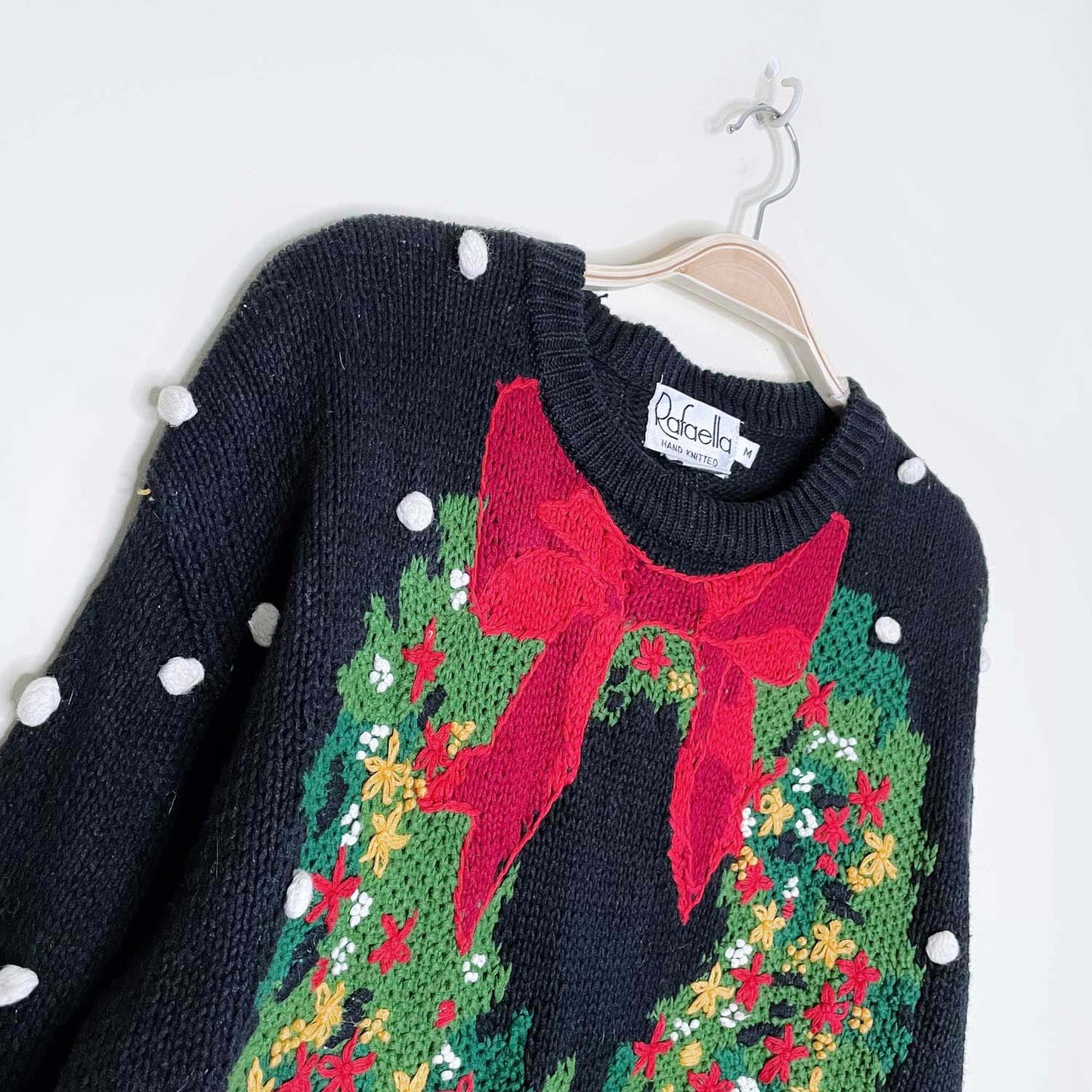 vintage rafaella hand-knit holiday wreath and trees sweater - size medium