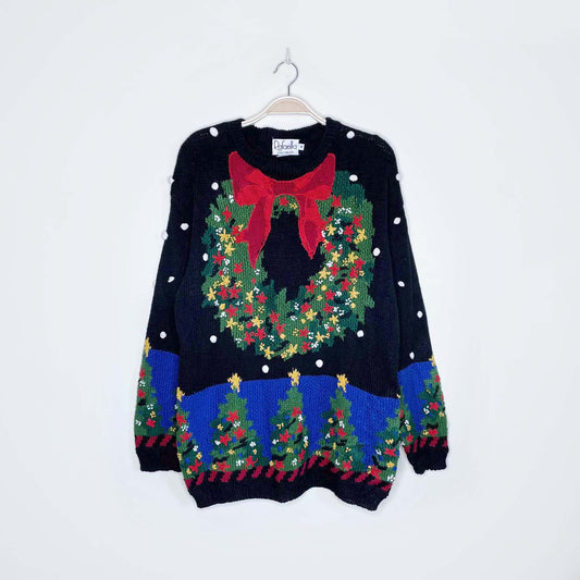 vintage rafaella hand-knit holiday wreath and trees sweater - size medium