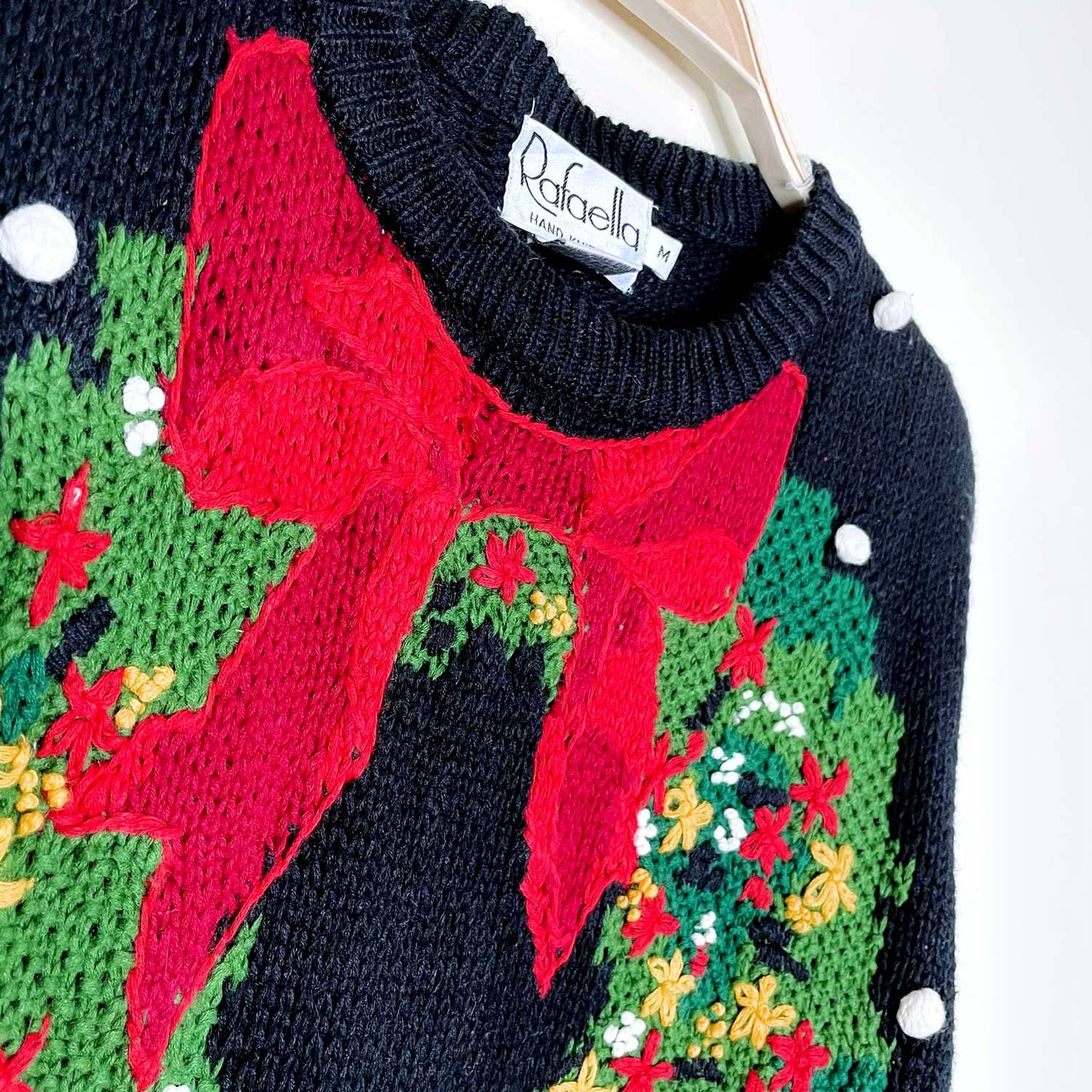 vintage rafaella hand-knit holiday wreath and trees sweater - size medium