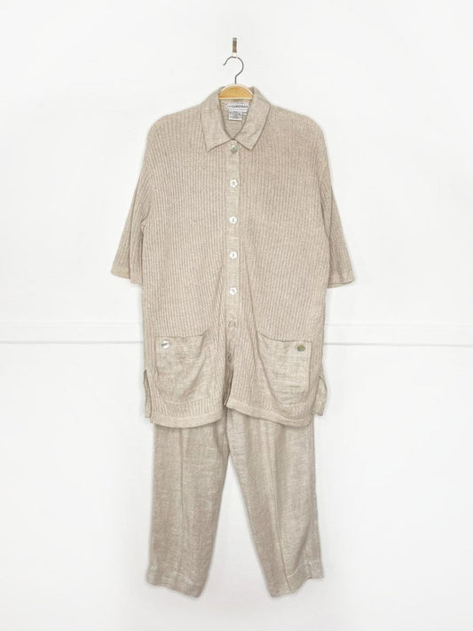 x2 atelier lyse spenard 100% linen knit woven shirt + pants set - good market thrift store