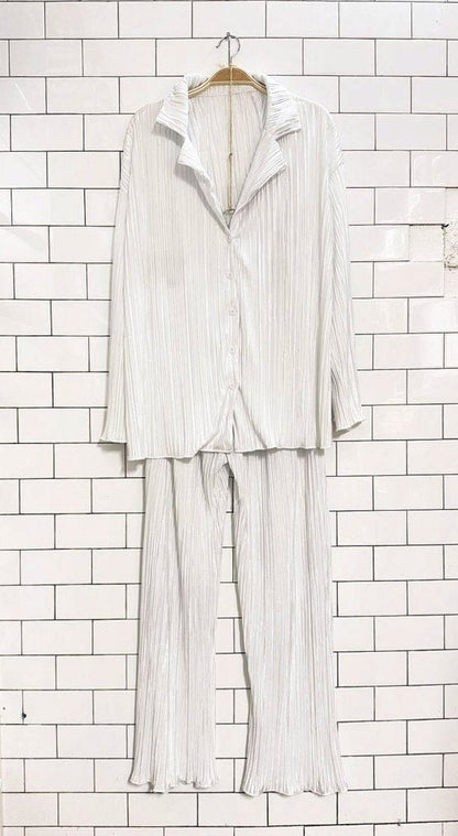 x2 flowy relaxed fit crinkle shirt and wide leg pant set - good market thrift store