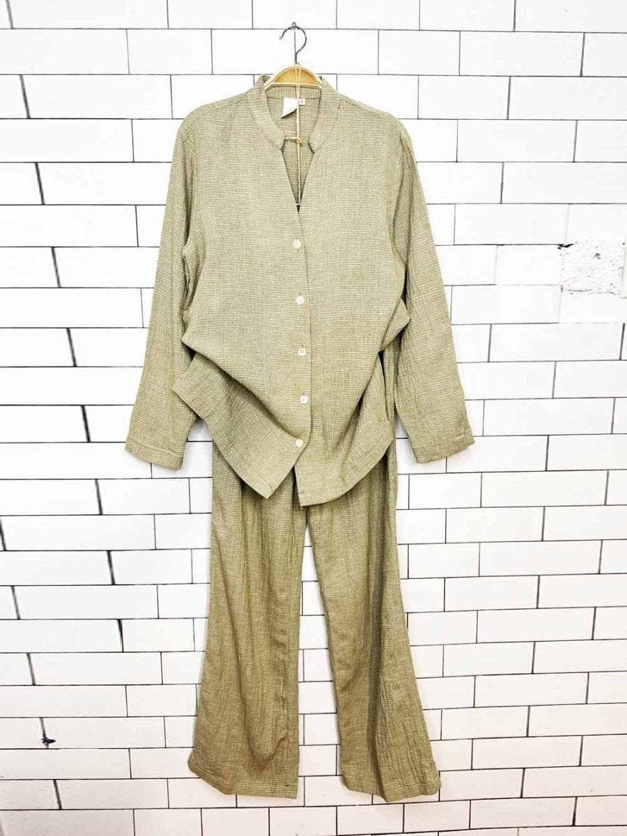 x2 jones new york linen-blend crinkle shirt + lounge pant set - good market thrift store