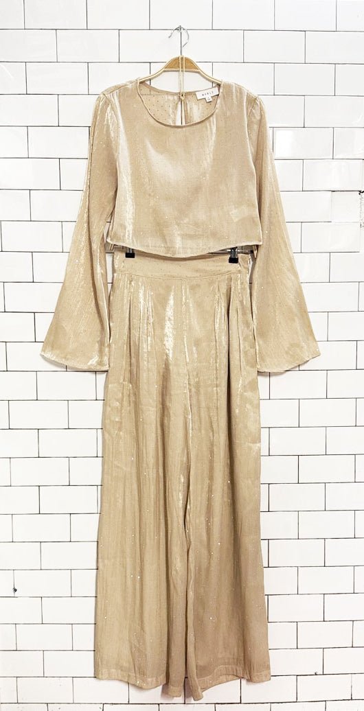 x2 mable shimmery sheer rhinestone top + pleated trouser NYE set - good market thrift store