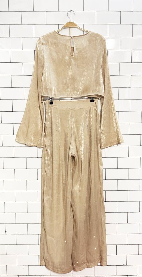 x2 mable shimmery sheer rhinestone top + pleated trouser NYE set - good market thrift store