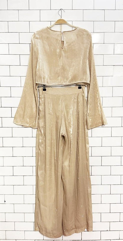 x2 mable shimmery sheer rhinestone top + pleated trouser NYE set - good market thrift store