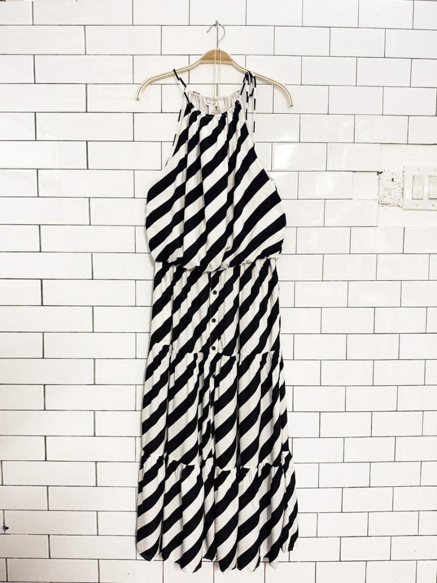 x2 nine west striped halter top + full button tiered midi skirt set - good market thrift store