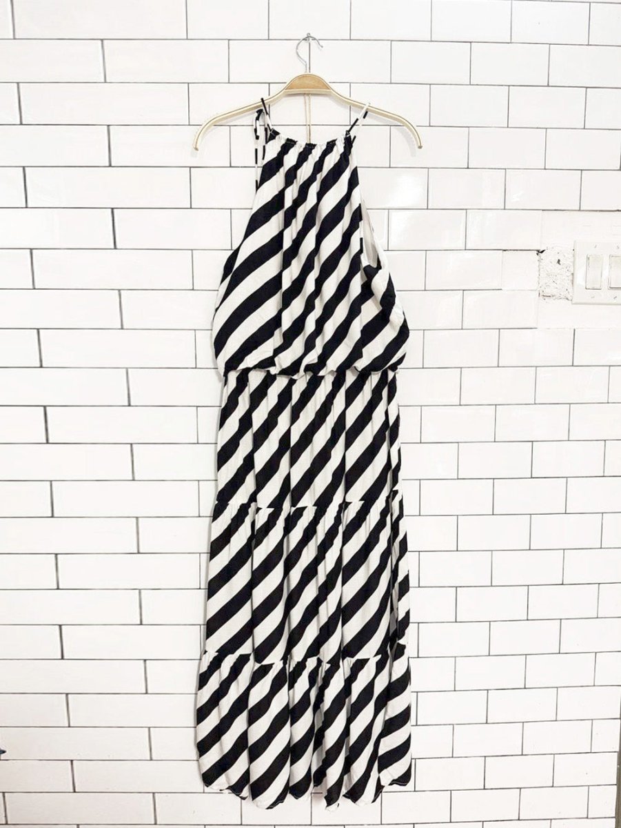 x2 nine west striped halter top + full button tiered midi skirt set - good market thrift store