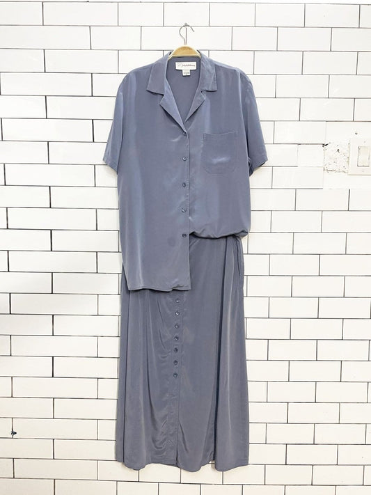 x2 vintage 100% silk nygard blouse + full button maxi skirt - good market thrift store