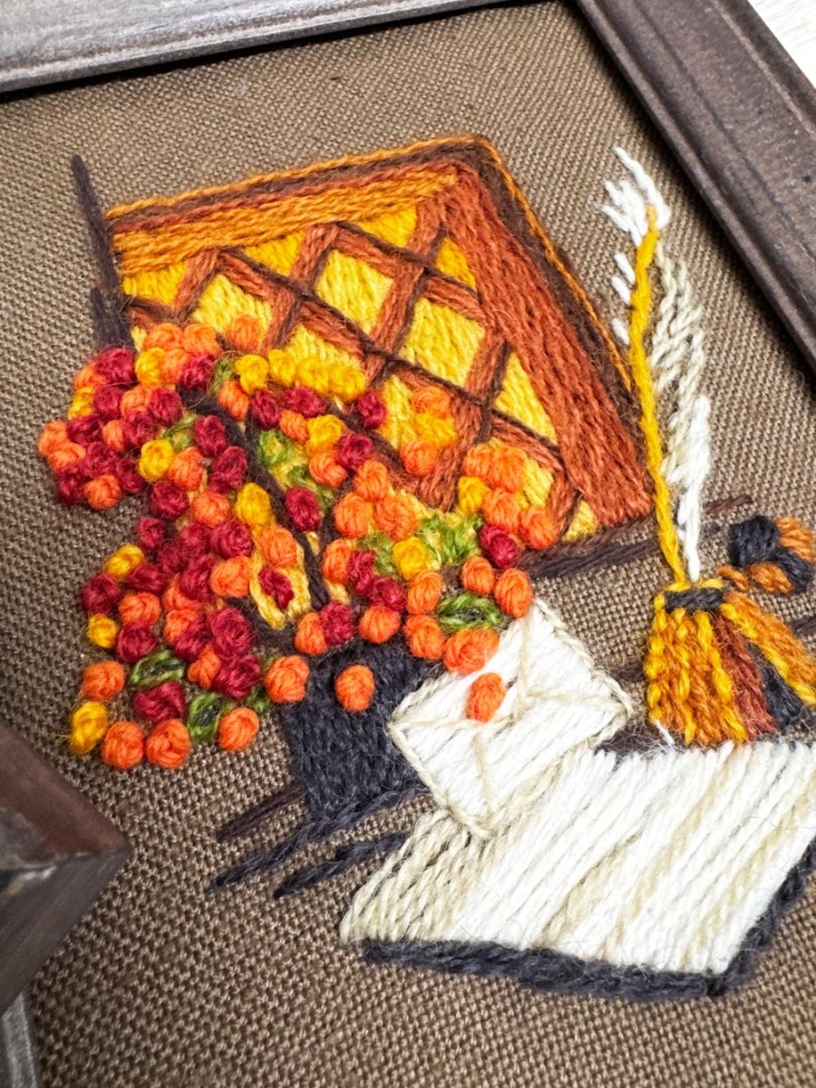 x2 vintage 70s handmade crewel retro embroidery art set | sunset designs - good market thrift store