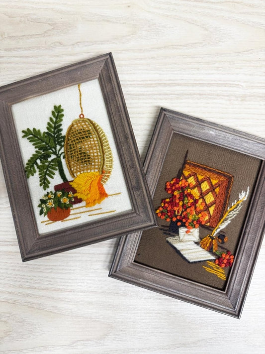x2 vintage 70s handmade crewel retro embroidery art set | sunset designs - good market thrift store