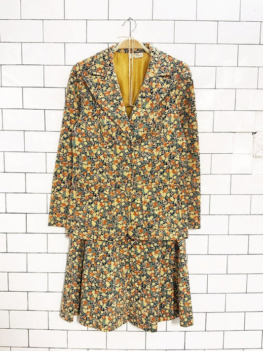 x2 vintage 70s lana lee fashion corduroy floral jacket and midi skirt set - good market thrift store