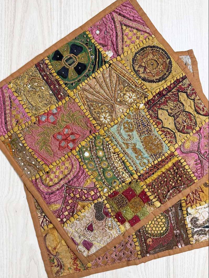 x2 vintage boho patchwork embroidered pillow cases - good market thrift store