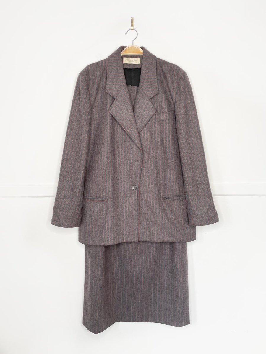 x2 vintage christian dior prêt a porter wool - blend pin stripe blazer + midi skirt set - good market thrift store