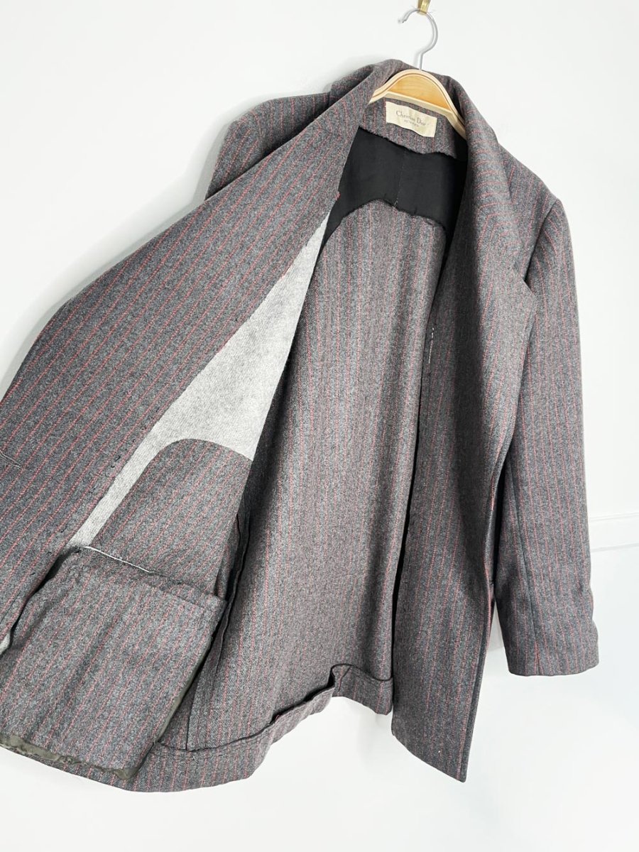 x2 vintage christian dior prêt a porter wool - blend pin stripe blazer + midi skirt set - good market thrift store