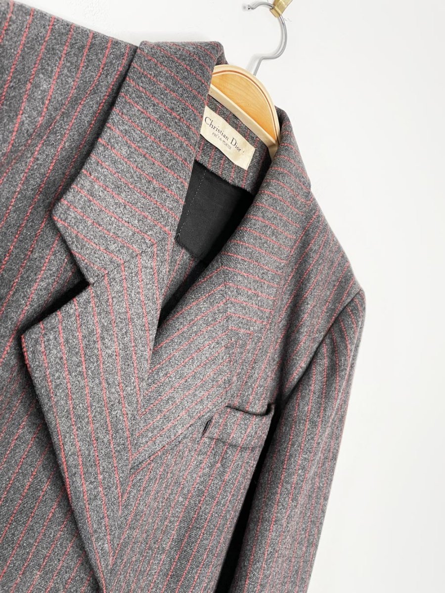 x2 vintage christian dior prêt a porter wool - blend pin stripe blazer + midi skirt set - good market thrift store