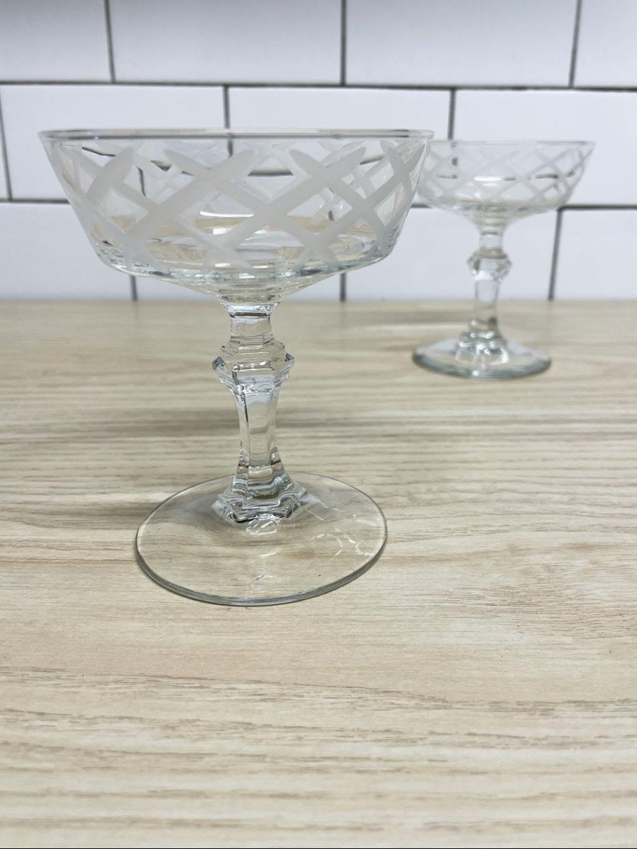 x2 vintage crystal crosshatch coupe champagne glasses - good market thrift store
