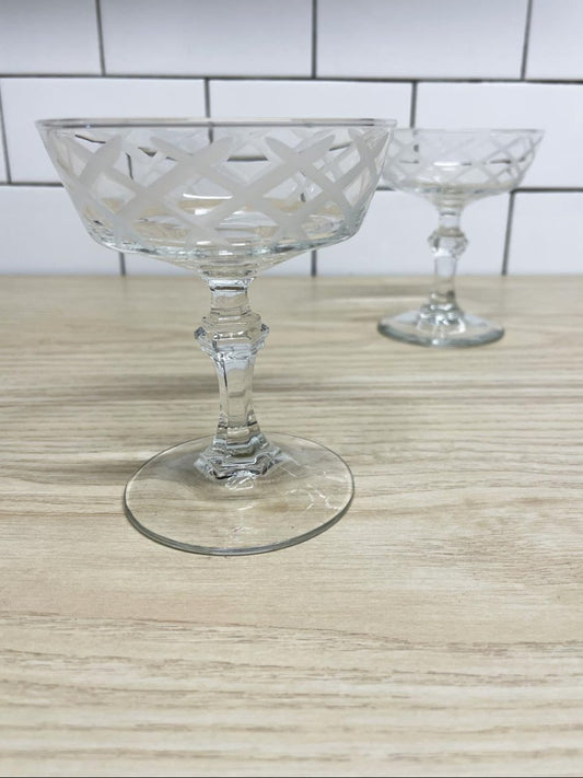 x2 vintage crystal crosshatch coupe champagne glasses - good market thrift store