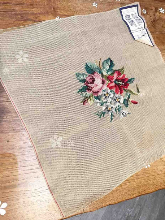 x2 vintage handmade needlepoint embroidered flower art - good market thrift store