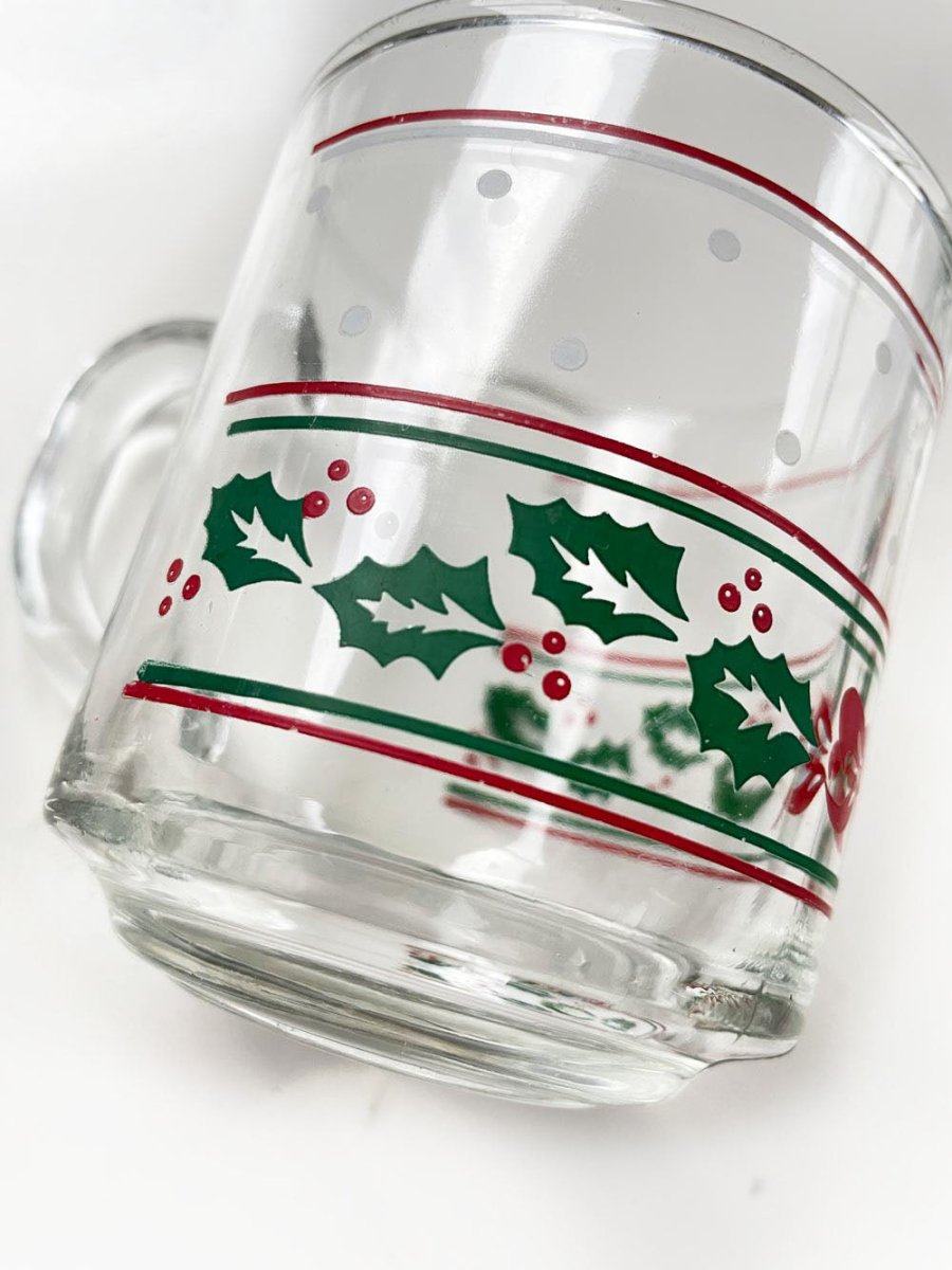 x2 vintage holiday holly clear mugs | made in Indonesia - good market thrift store