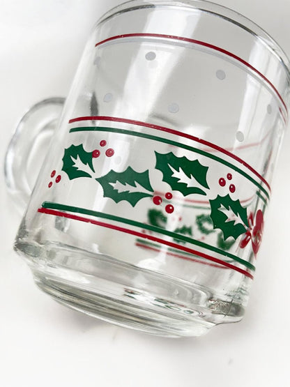 x2 vintage holiday holly clear mugs | made in Indonesia - good market thrift store