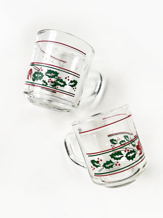 x2 vintage holiday holly clear mugs | made in Indonesia - good market thrift store
