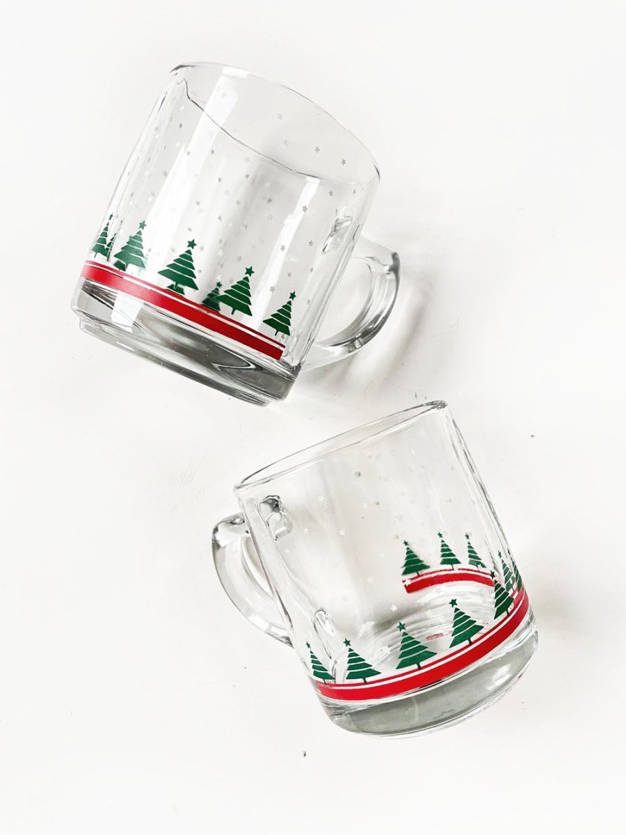 x2 vintage holiday trees clear mugs | made in Canada - good market thrift store